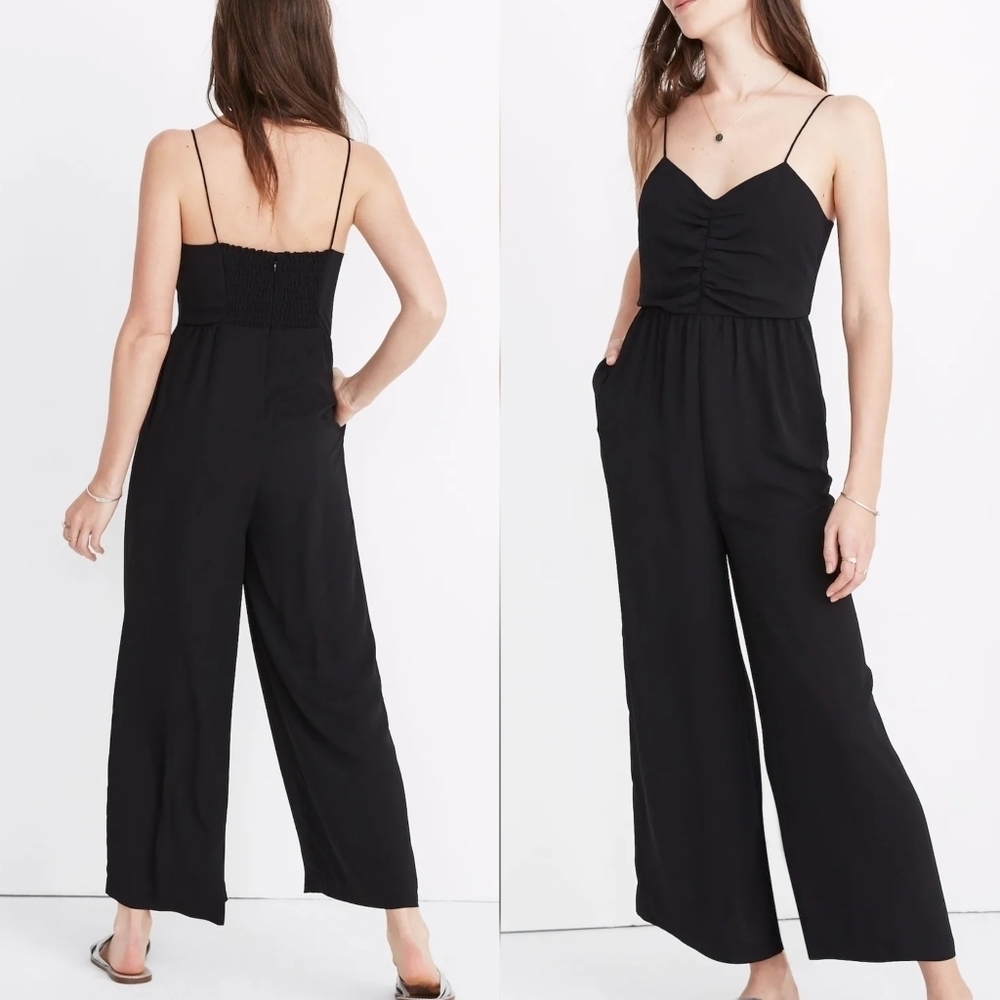 Madewell Black Ruched Sleeveless Smocked Wide Leg Jumpsuit, Size 6